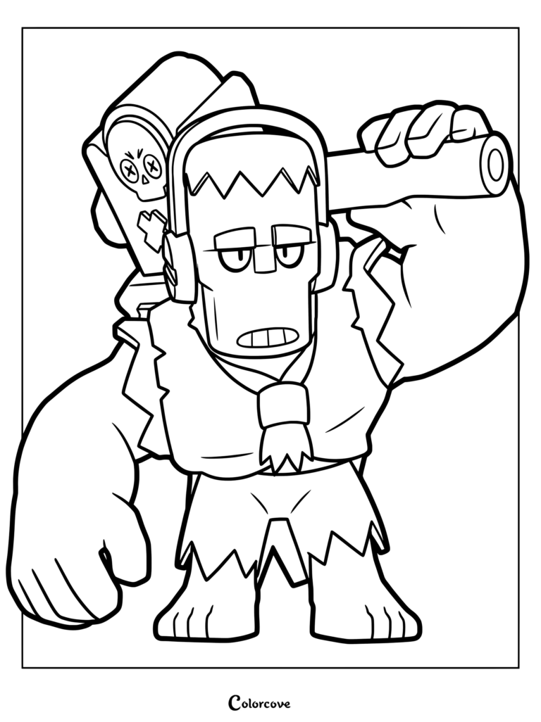 Frank from Brawl Stars holding his signature hammer over his shoulder, detailed line art coloring page.