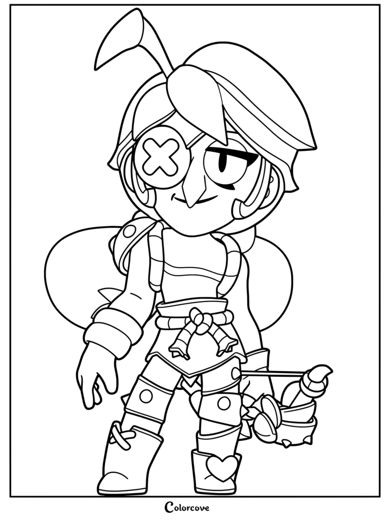 Angelo from Brawl Stars wearing his signature hat and eye patch in a detailed line art coloring page.