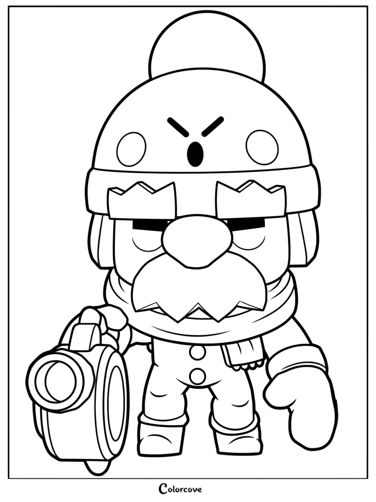 Gale from Brawl Stars holding his snow blower in this detailed line art coloring page.