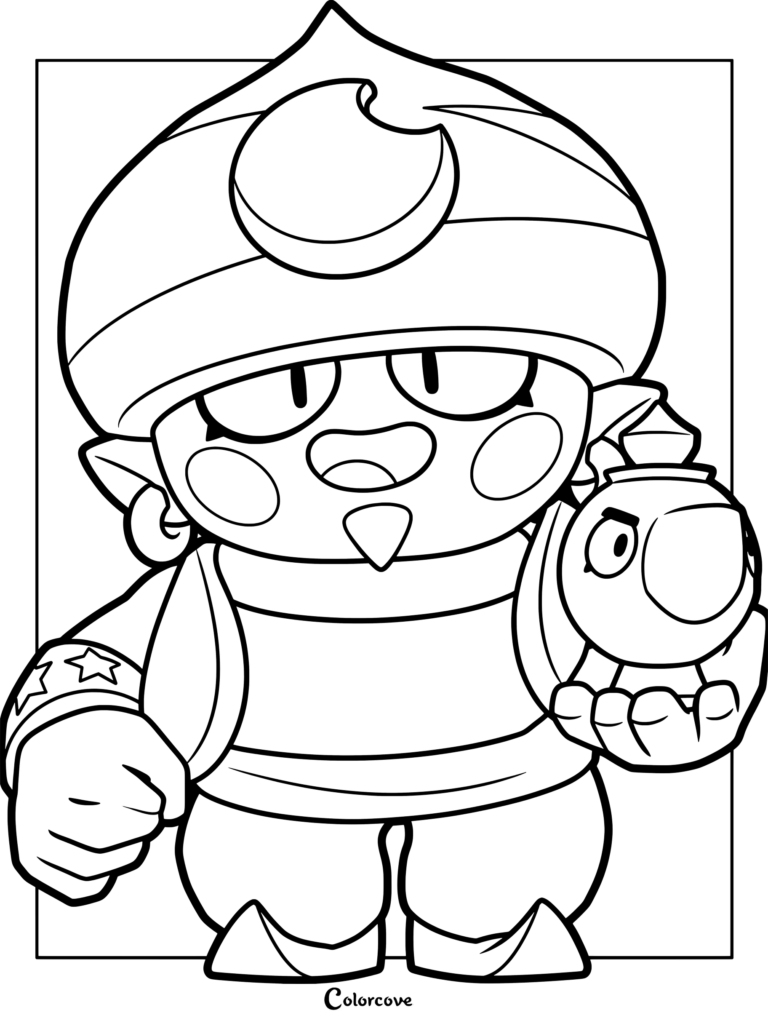 Brawl Stars Gene holding his magic lamp in a detailed line art coloring page.