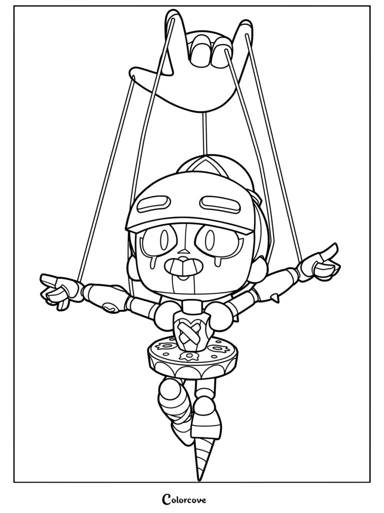 Brawl Stars Gigi character depicted as a marionette puppet on strings, detailed line art coloring page.