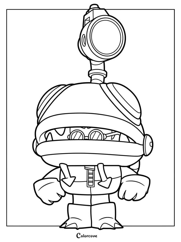 Brawl Stars Glowy character coloring page featuring the robot with a glowing head lamp and round glasses.