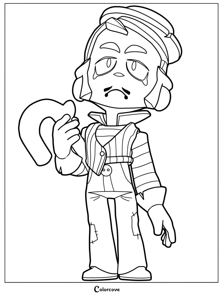 Gray from Brawl Stars wearing his signature hat and vest in a detailed line art coloring page.