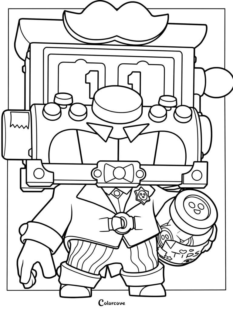 Griff from Brawl Stars holding a tip jar in this detailed line art coloring page.