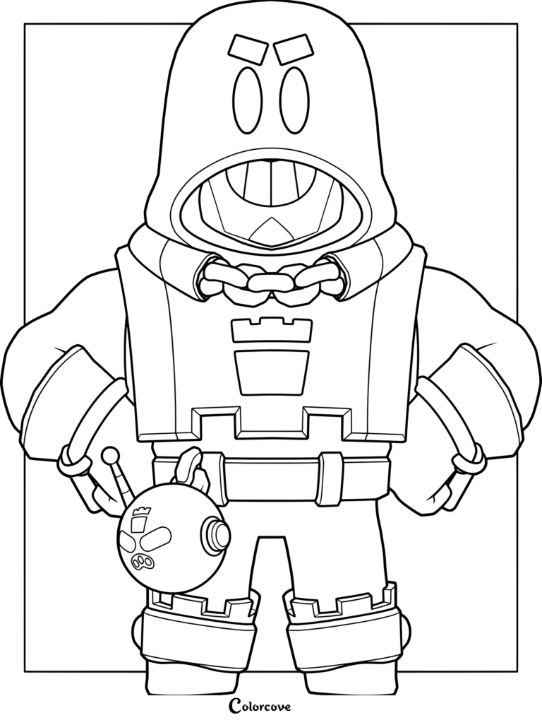 Grom from Brawl Stars standing with his signature bomb in this printable coloring page