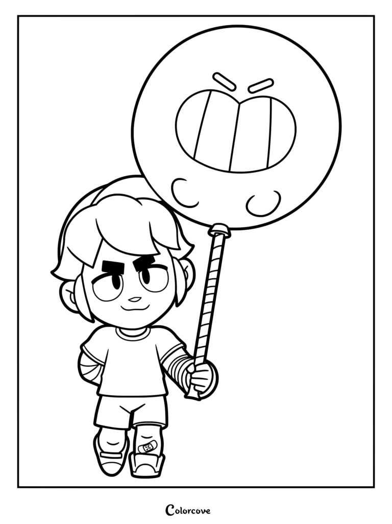 Gus from Brawl Stars holding his ghostly balloon, a printable coloring page featuring the character with bandages on his arms and knee.