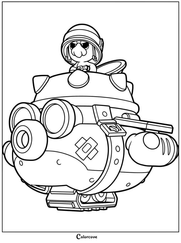 Hank from Brawl Stars inside his tank vehicle, detailed line art coloring page.