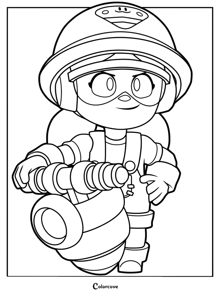 Jacky from Brawl Stars holding her jackhammer in a detailed line art coloring page.