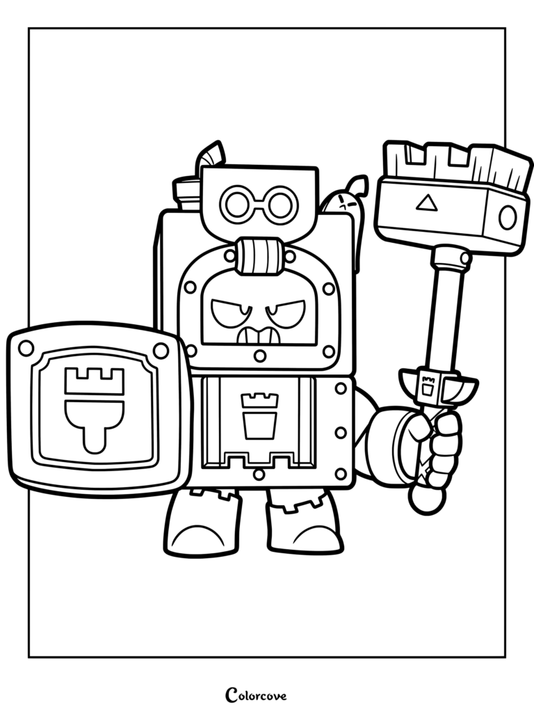 Ash from Brawl Stars holding a shield and a broom weapon in this printable coloring page.