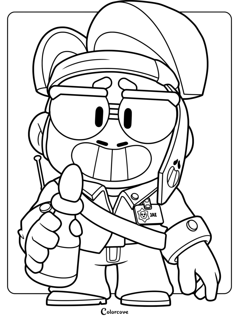 Brawl Stars Jae-yong character wearing a cap and holding a bottle, detailed line art coloring page.