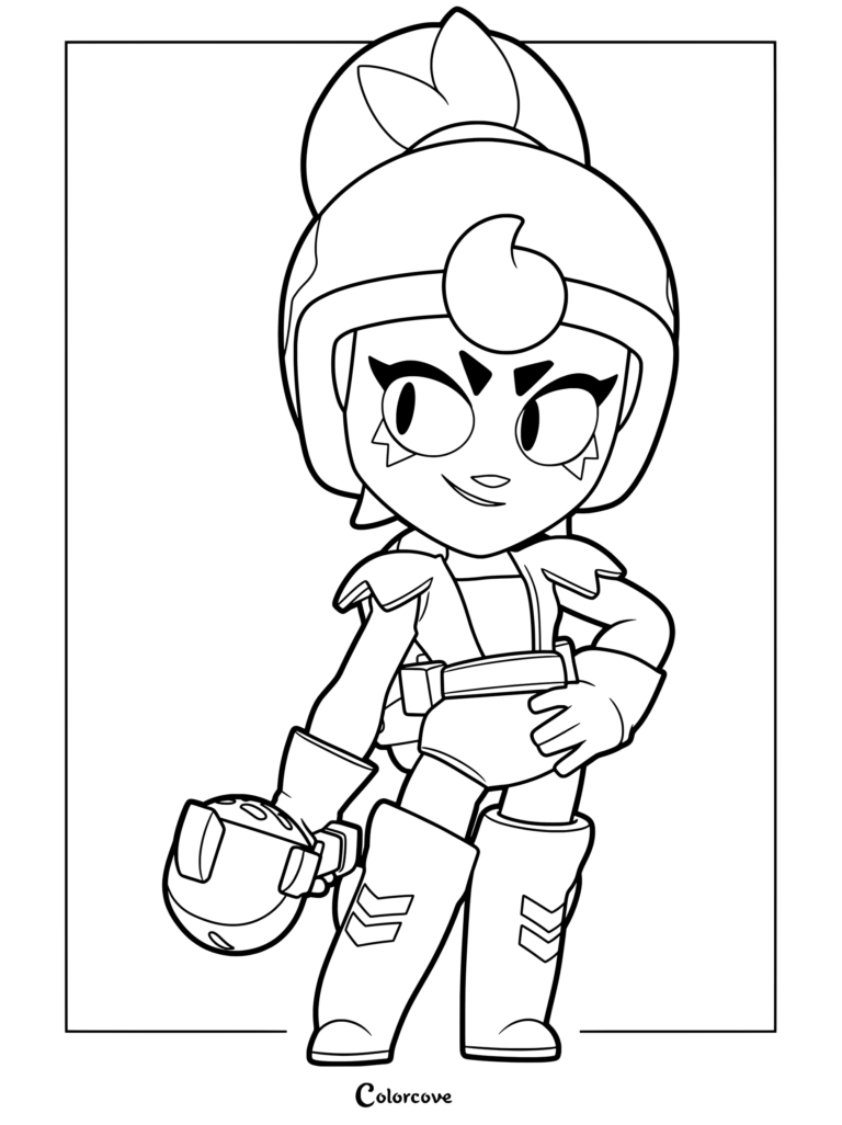 Janet from Brawl Stars wearing her signature helmet and outfit in a detailed line art coloring page.
