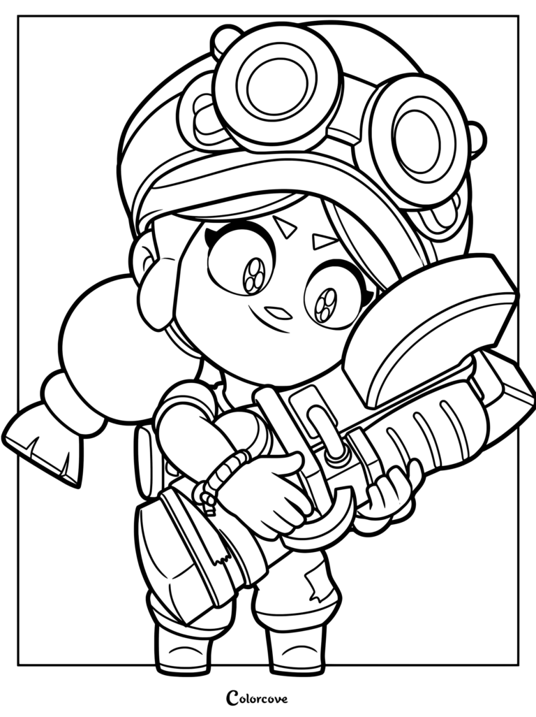 Jessie from Brawl Stars holding her shock rifle, detailed line art coloring page.