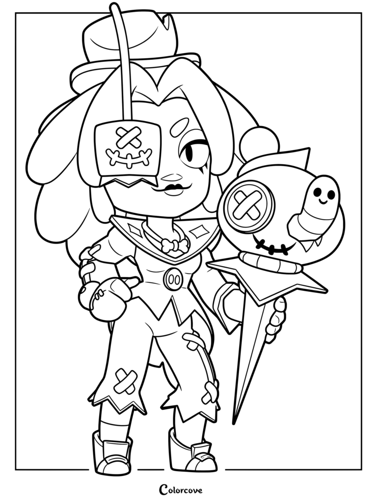 Juju from Brawl Stars holding her voodoo doll staff in a detailed line art coloring page.