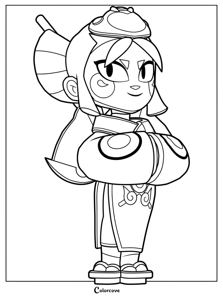 Kaze Colette from Brawl Stars wearing traditional Japanese-inspired attire in a detailed line art coloring page.