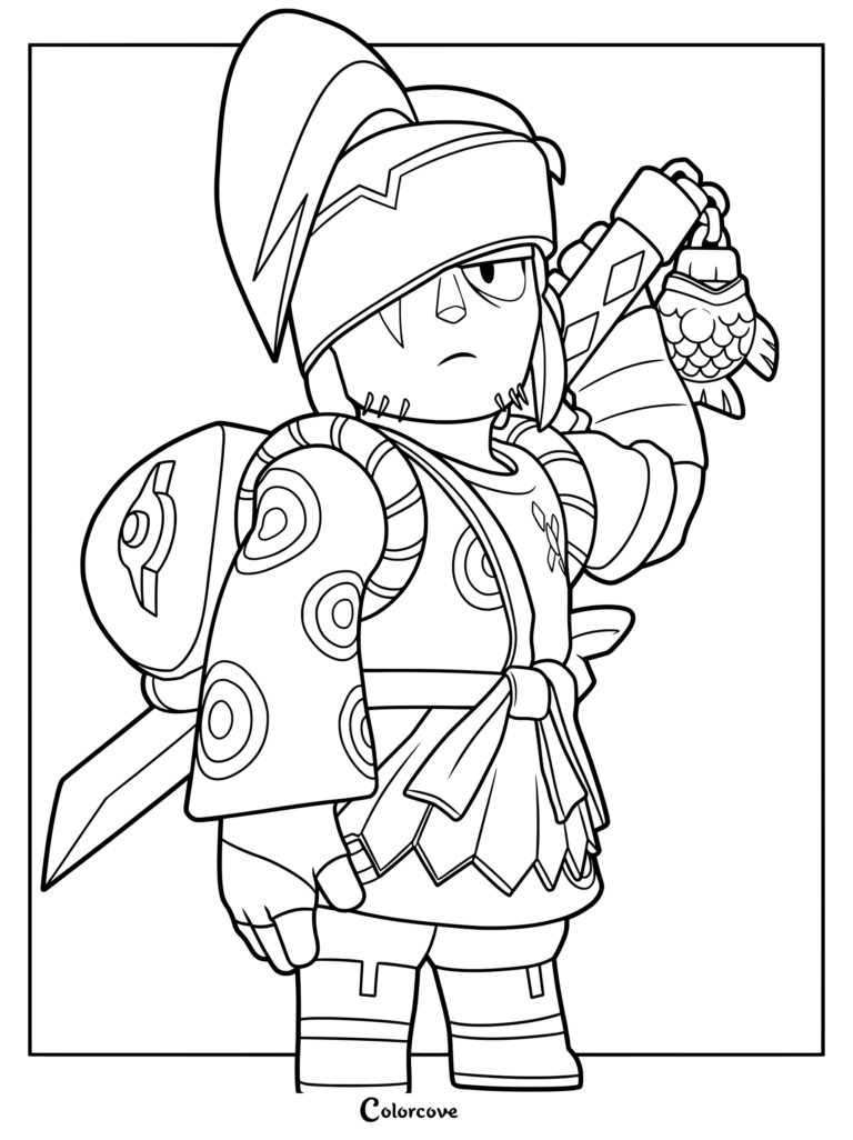 Kenji from Brawl Stars holding a fish accessory, wearing a patterned kimono and samurai-style headgear, detailed line art coloring page.