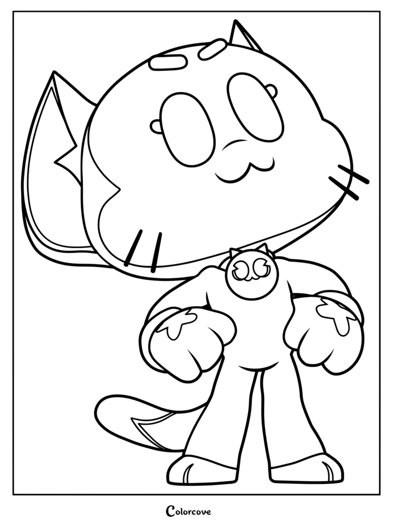 Kit from Brawl Stars standing in a heroic pose, printable coloring page featuring the cat brawler with his signature mask.