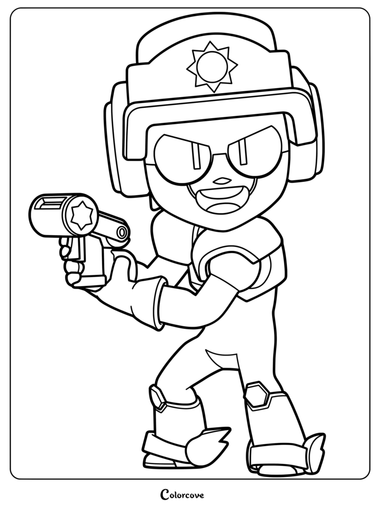 Larry and Lawrie from Brawl Stars in a dynamic pose holding a futuristic blaster, detailed line art coloring page.