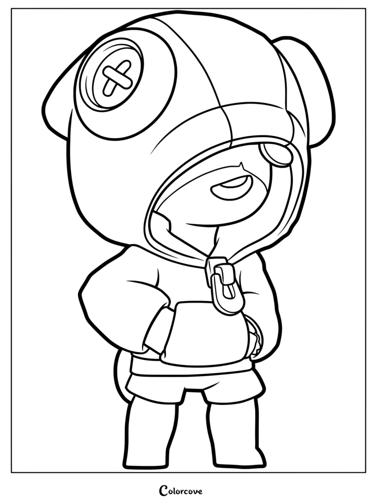 Leon from Brawl Stars wearing his signature chameleon hoodie with a large button eye, standing in a relaxed pose, printable coloring page.