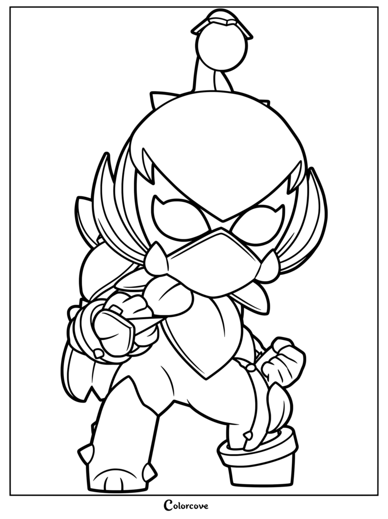 Lily from Brawl Stars in a dynamic pose, featuring her signature plant-like mask and head sprout in this printable coloring page.