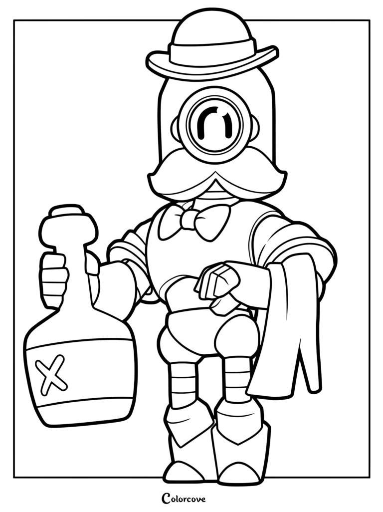 Brawl Stars Barley robot character wearing a bowler hat and bowtie holding a bottle, printable coloring page.
