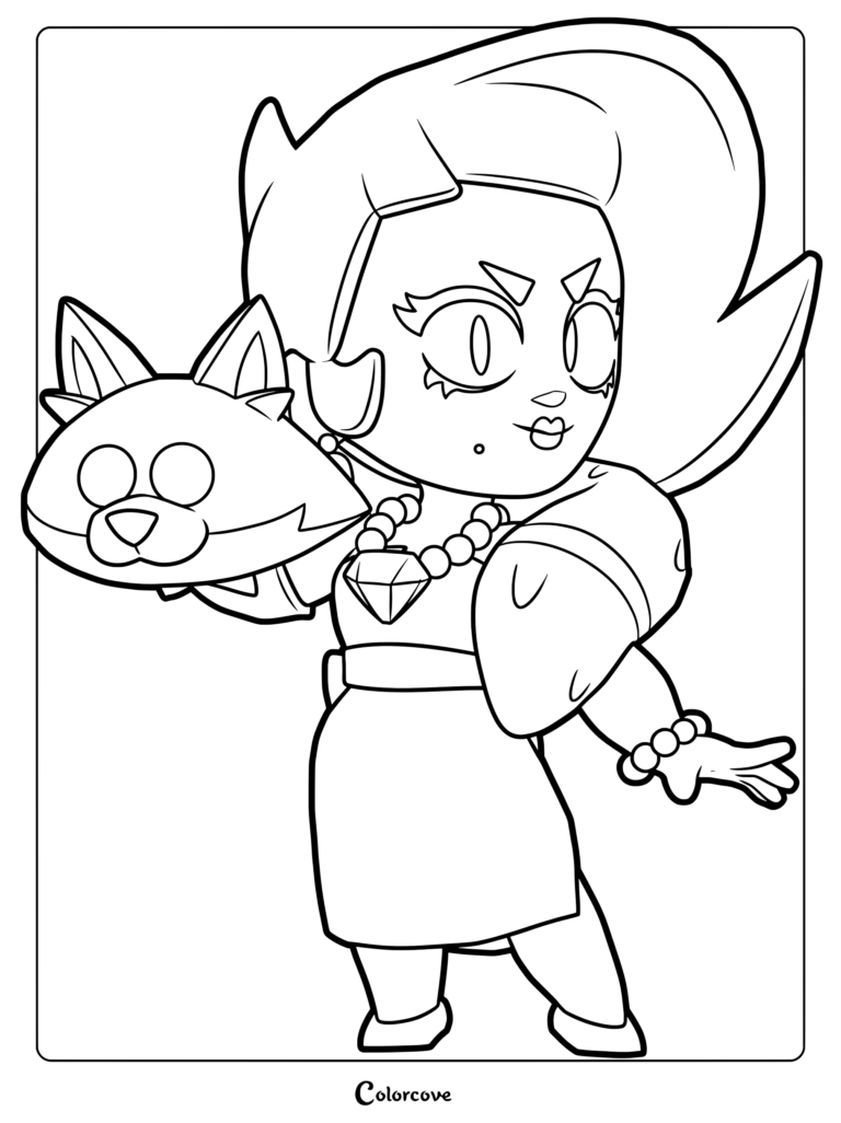 Lola from Brawl Stars holding her fox scarf in a detailed line art coloring page.