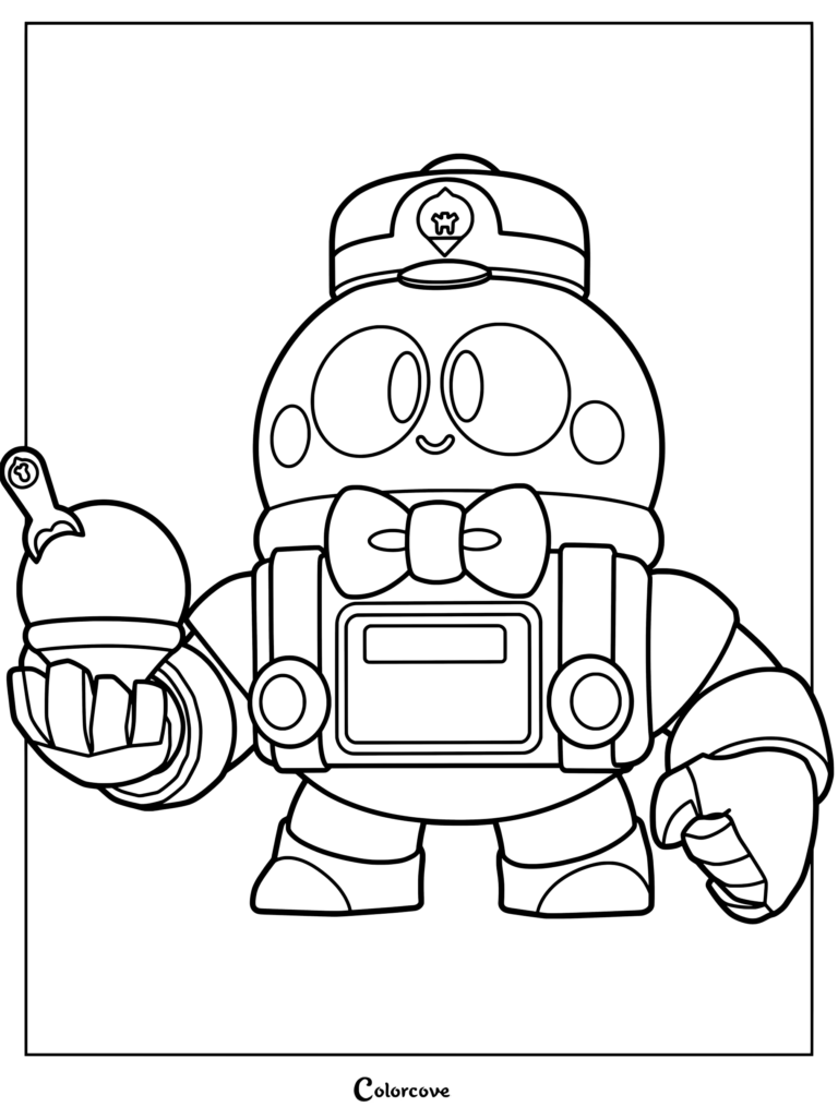 Lou from Brawl Stars holding an ice cream cone, detailed line art coloring page.