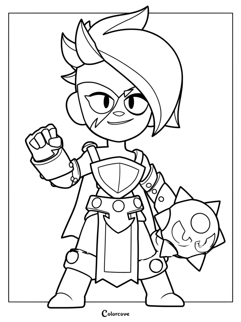 Brawl Stars Lumi character in armor holding a spiked mace, line art coloring page.