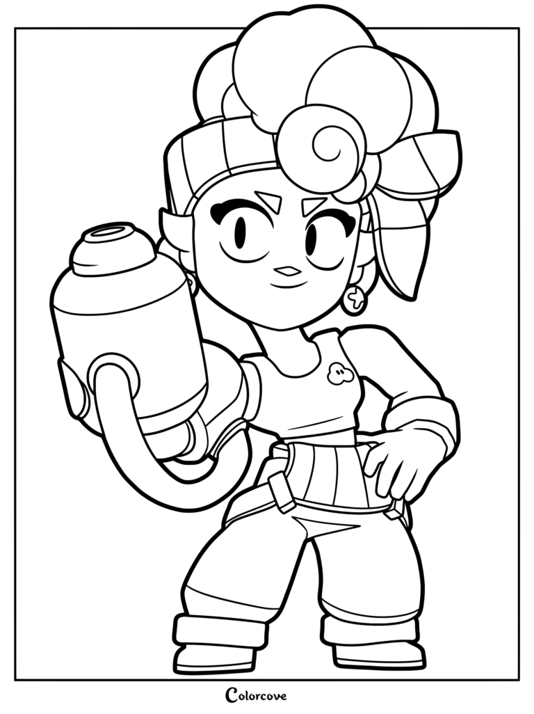 Maisie from Brawl Stars holding her signature arm cannon in a detailed line art coloring page.
