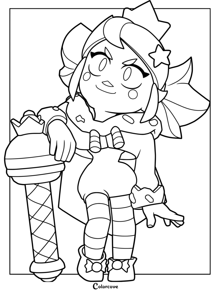 Mandy from Brawl Stars wearing a crown and cape while leaning on her candy launcher, detailed line art coloring page.
