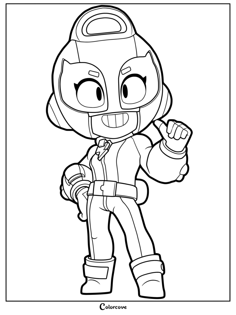 Max from Brawl Stars wearing her signature superhero helmet and suit in a detailed line art coloring page.