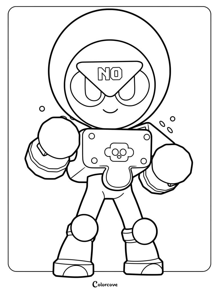 Meeple from Brawl Stars in a bold line art coloring page style featuring his signature triangular NO visor and robotic chest plate.