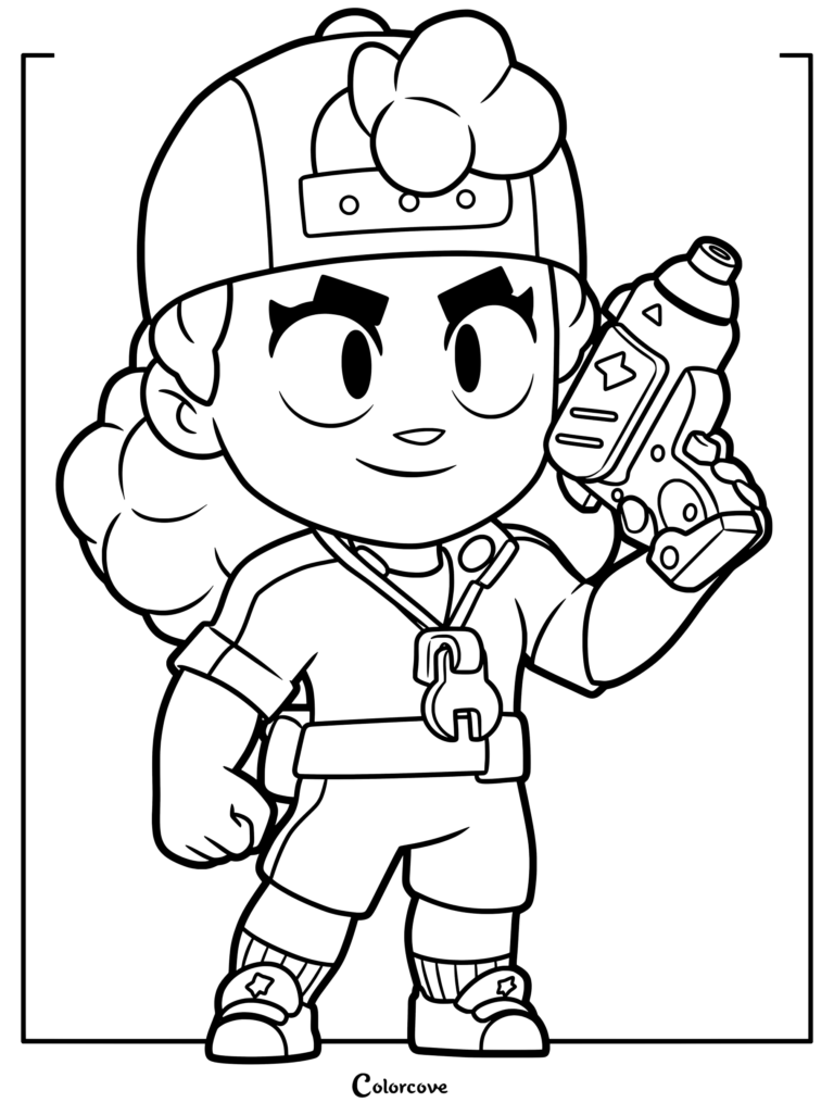 Meg from Brawl Stars wearing a cap and holding her blaster in this detailed line art coloring page.