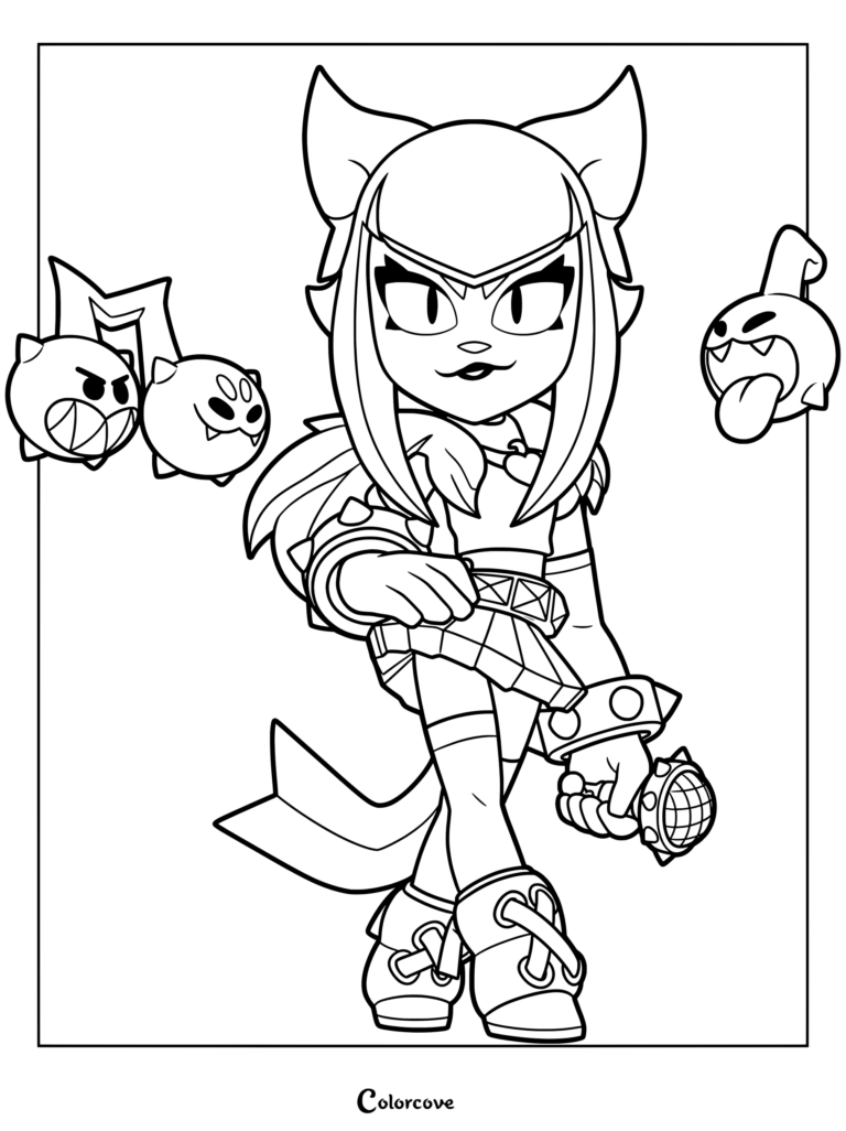Melodie from Brawl Stars holding a microphone with floating musical notes in this detailed coloring page.
