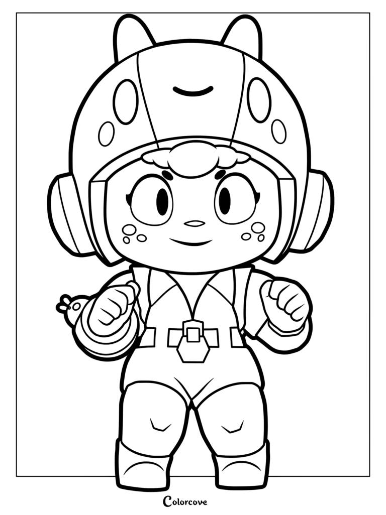 Bea from Brawl Stars wearing her signature insect-themed helmet and suit in a detailed printable coloring page.