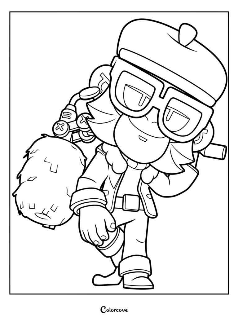 Mico from Brawl Stars holding his microphone boom pole in a detailed line art coloring page.