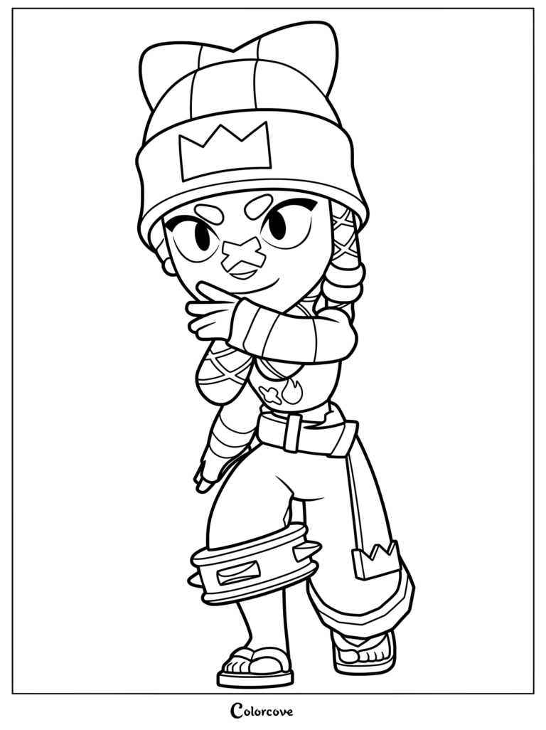 Mina from Brawl Stars wearing a crown beanie and spiked leg cuff in a printable coloring page