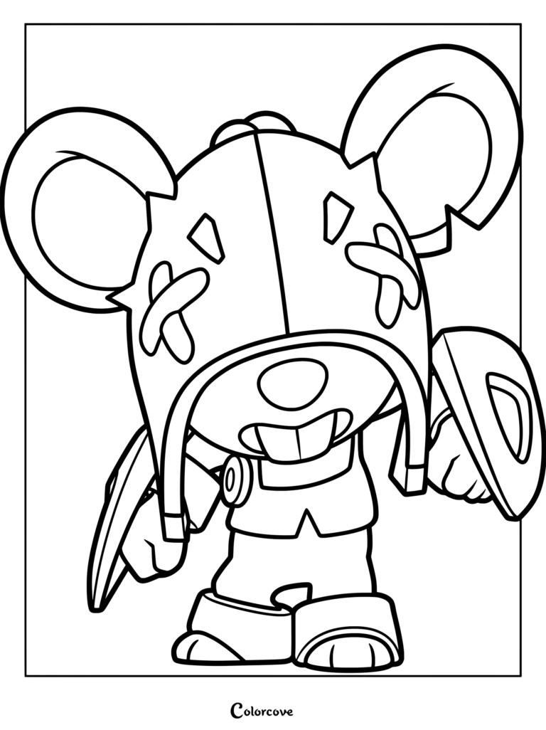 Moe from Brawl Stars wearing a large helmet with X-shaped eye patches, a coloring page illustration.
