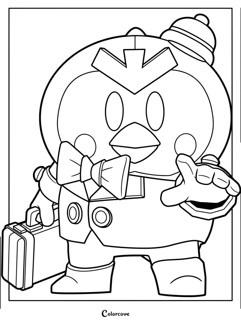 Mr. P from Brawl Stars wearing a suit and bowtie while holding a briefcase, printable coloring page.