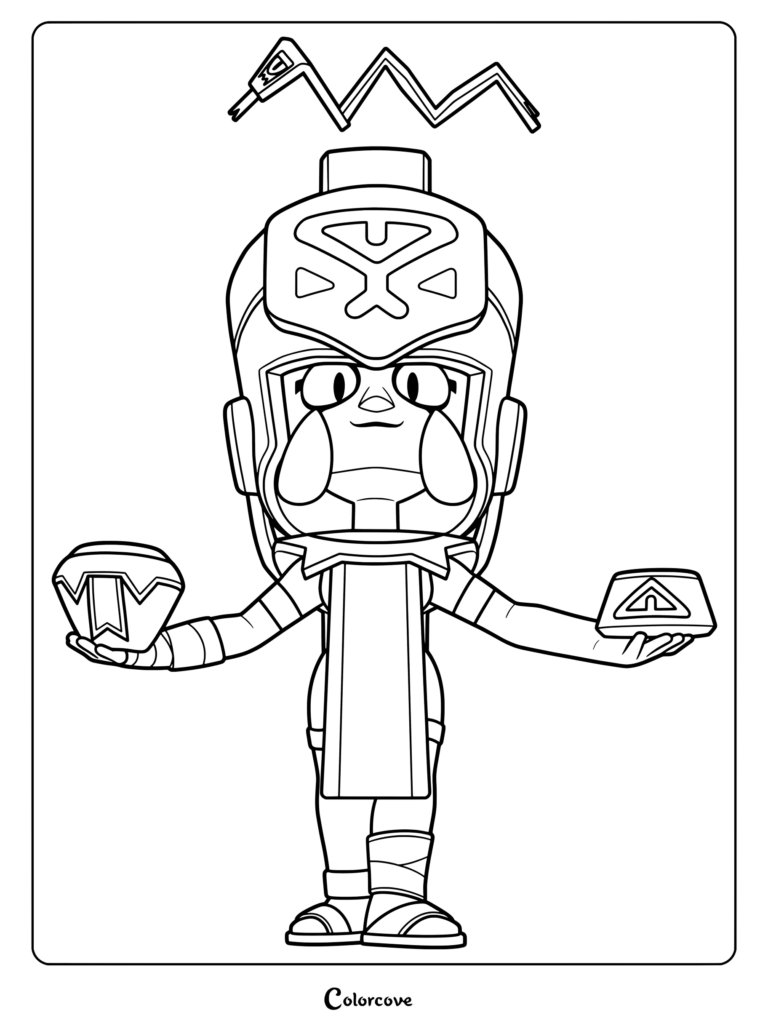 Najia from Brawl Stars holding ancient artifacts in this printable coloring page
