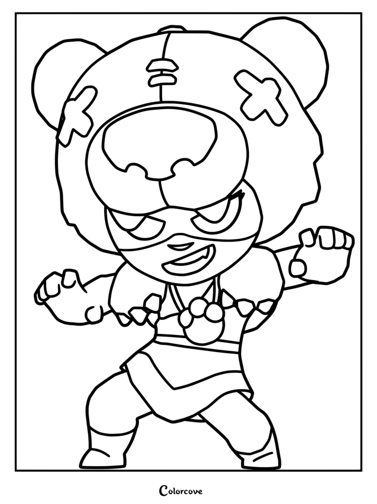 Nita from Brawl Stars wearing her signature bear hat in a dynamic pose, printable coloring page.