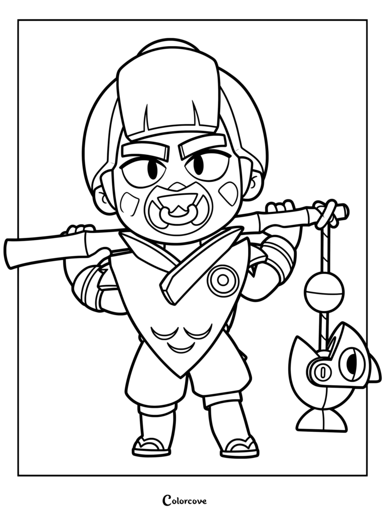 Nori from Brawl Stars holding a fishing rod with a mechanical fish lure, detailed line art coloring page.