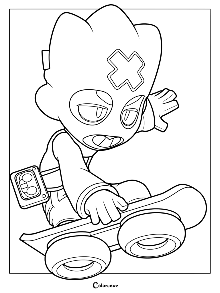 Ollie from Brawl Stars riding a hoverboard in this printable coloring page