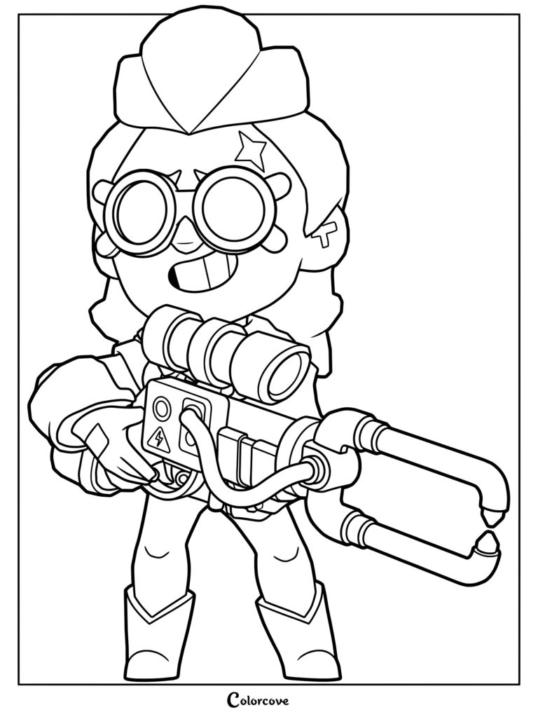 Brawl Stars Belle character wearing goggles and a hat while holding her signature shock rifle in this detailed line art coloring page.