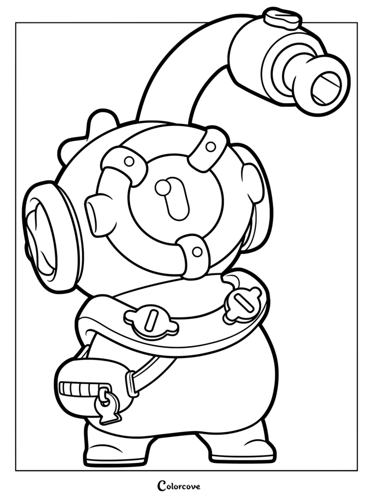 Brawl Stars Otis character in a deep-sea diving suit with a star-shaped eye and ink-shooting cannon, printable coloring page.