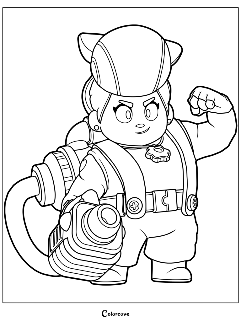 Brawl Stars character Pam flexing her arm while holding her scrap gun in this printable coloring page.