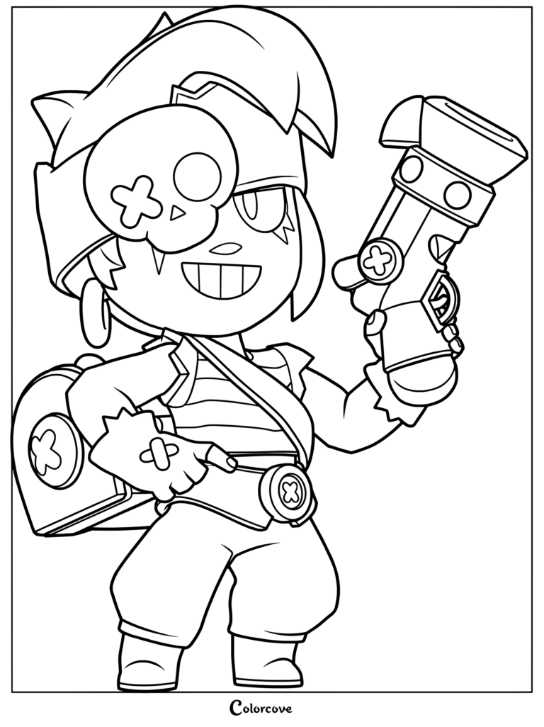 Penny from Brawl Stars holding her coin-shooting blunderbuss in this printable coloring page.