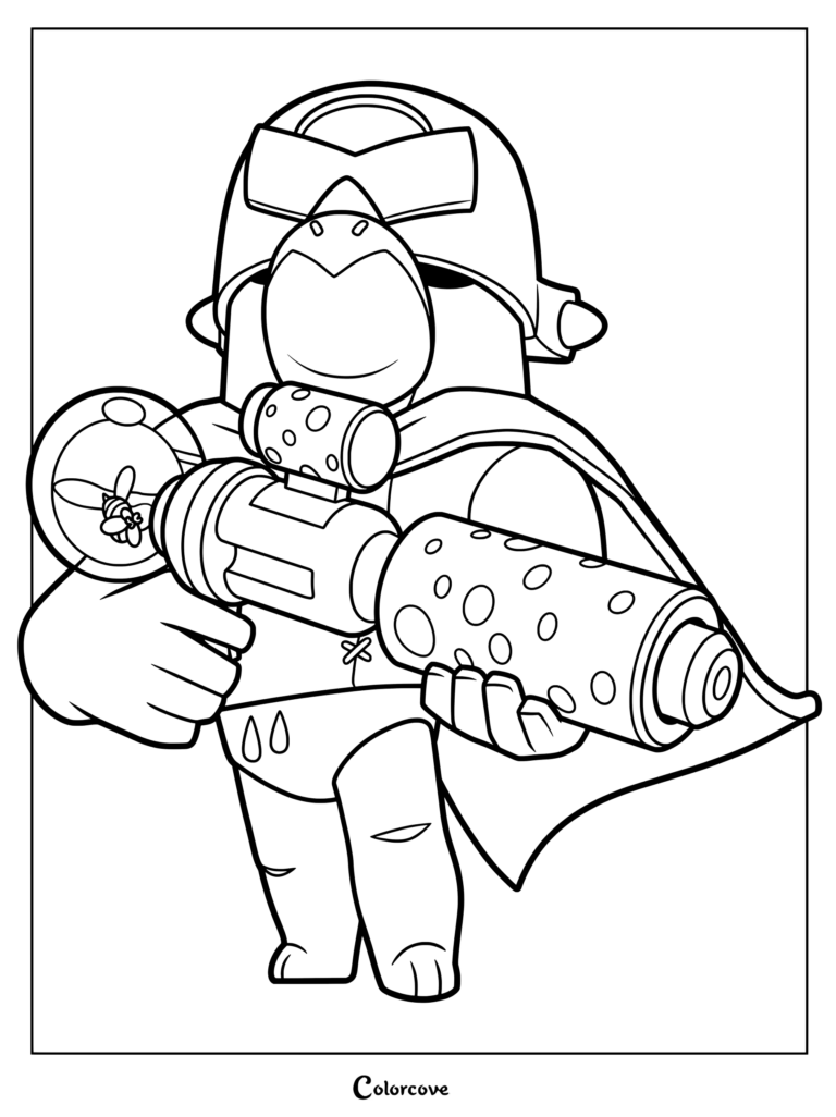Pierce from Brawl Stars holding his signature weapon in a detailed line art coloring page.