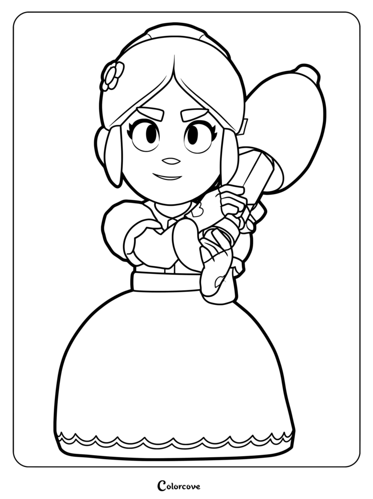 Piper from Brawl Stars holding her signature umbrella weapon in a detailed line art coloring page.