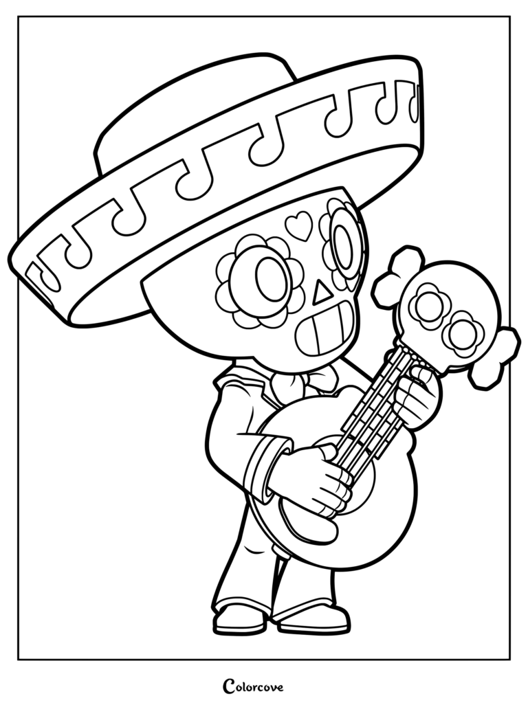 Poco from Brawl Stars playing his signature guitar in a large sombrero, detailed line art coloring page.