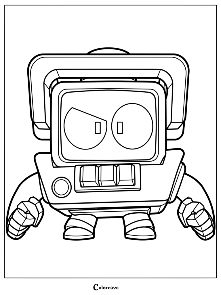 A detailed Brawl Stars R-T character coloring page featuring the robot with his signature monitor head and mechanical body.